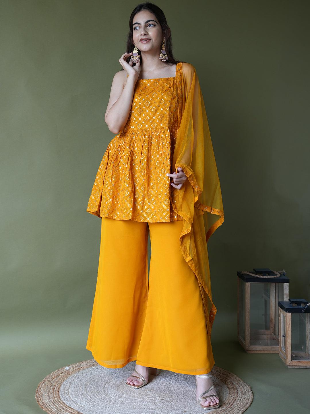 Mustard Embroidered Georgette A-Line Kurti With Palazzos & Dupatta - Libas