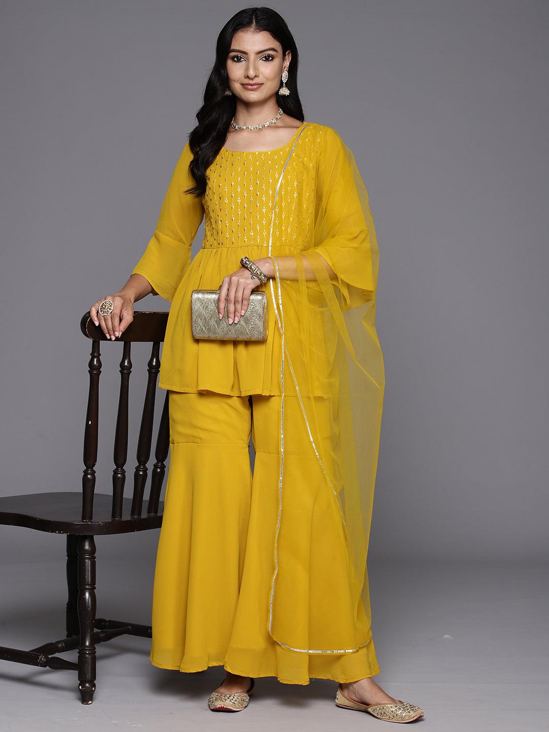 Mustard Embroidered Georgette A-Line Sharara Suit Set With Dupatta