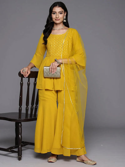 Mustard Embroidered Georgette A-Line Kurti With Sharara & Dupatta - Libas