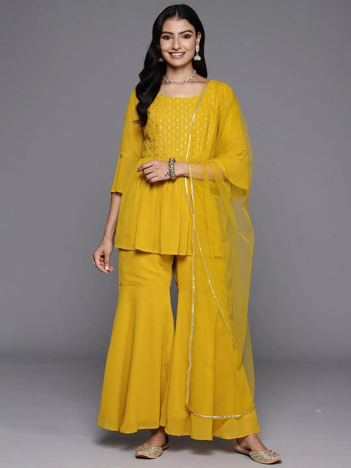 Mustard Embroidered Georgette A-Line Kurti With Sharara & Dupatta - Libas