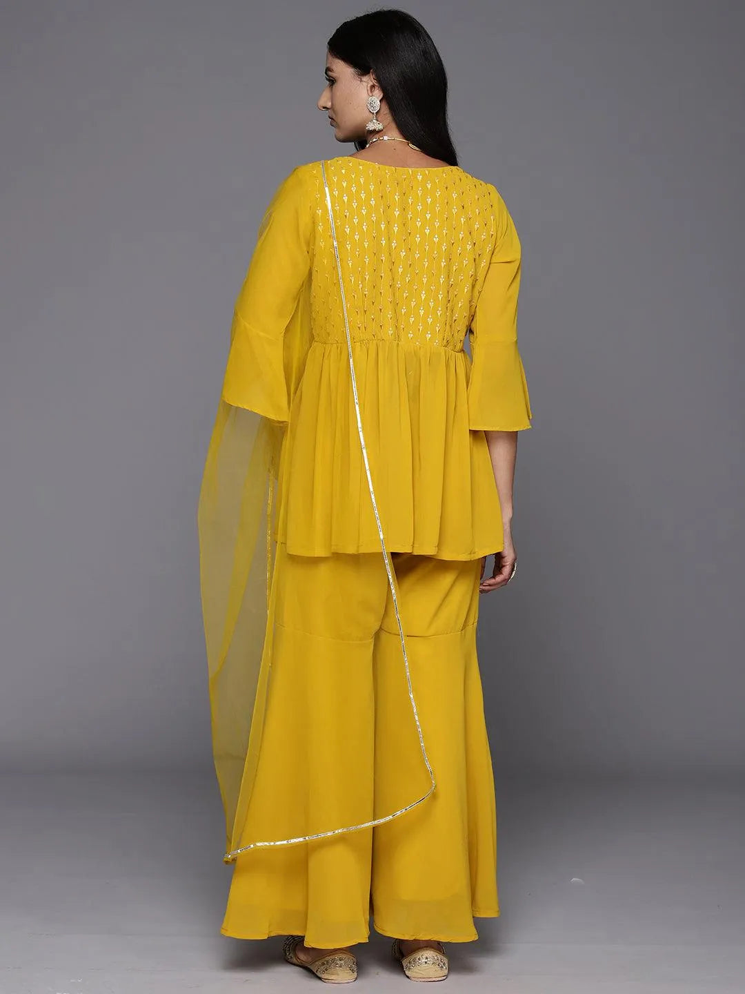 Mustard Embroidered Georgette A-Line Kurti With Sharara & Dupatta - Libas