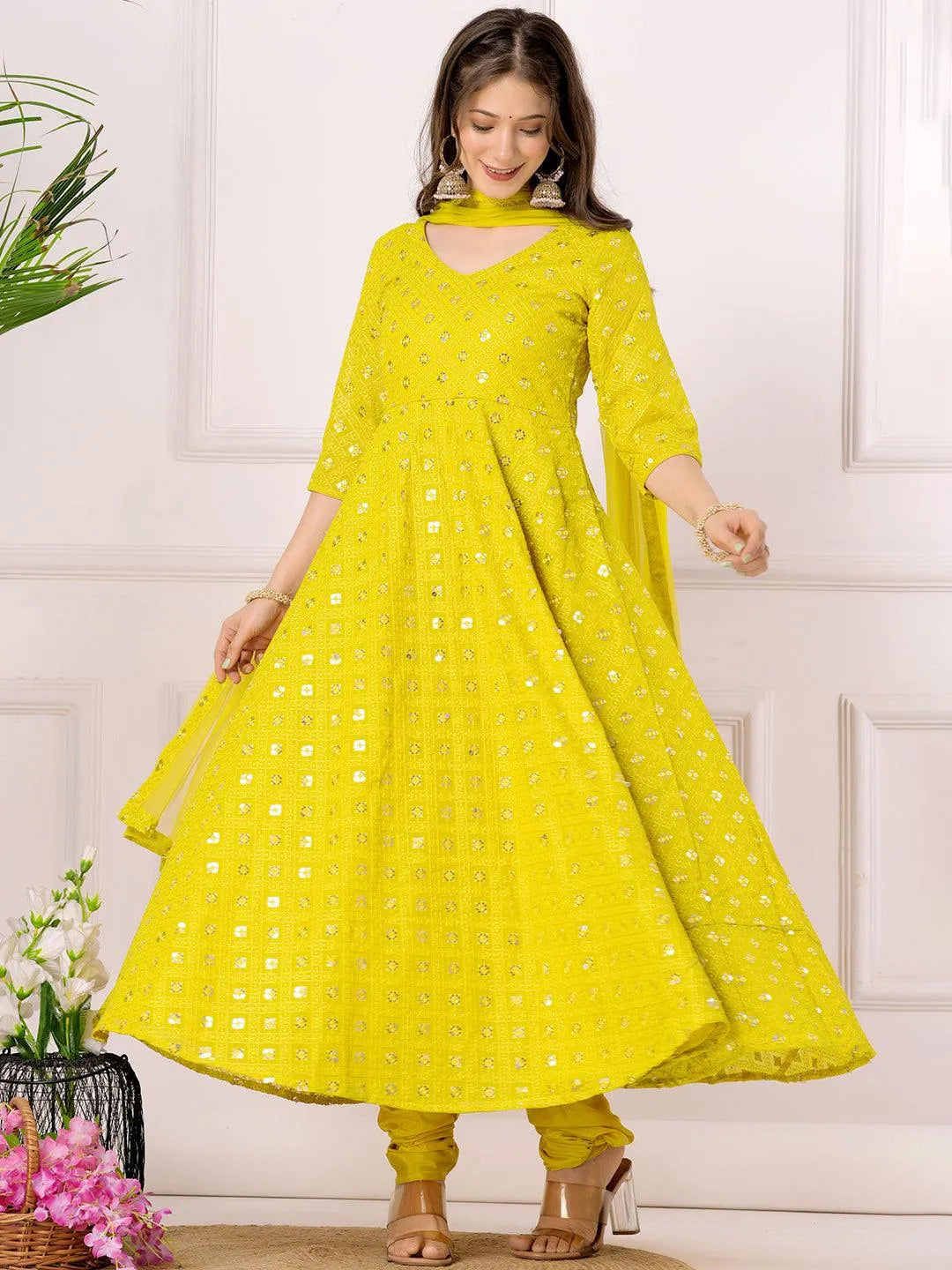 Mustard Embroidered Georgette Anarkali Kurta With Churidar & Dupatta - Libas