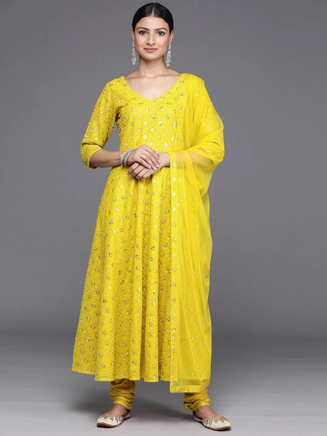Mustard Embroidered Georgette Anarkali Kurta With Churidar & Dupatta - Libas 