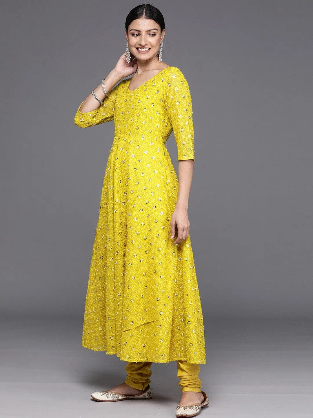 Mustard Embroidered Georgette Anarkali Kurta With Churidar & Dupatta - Libas 