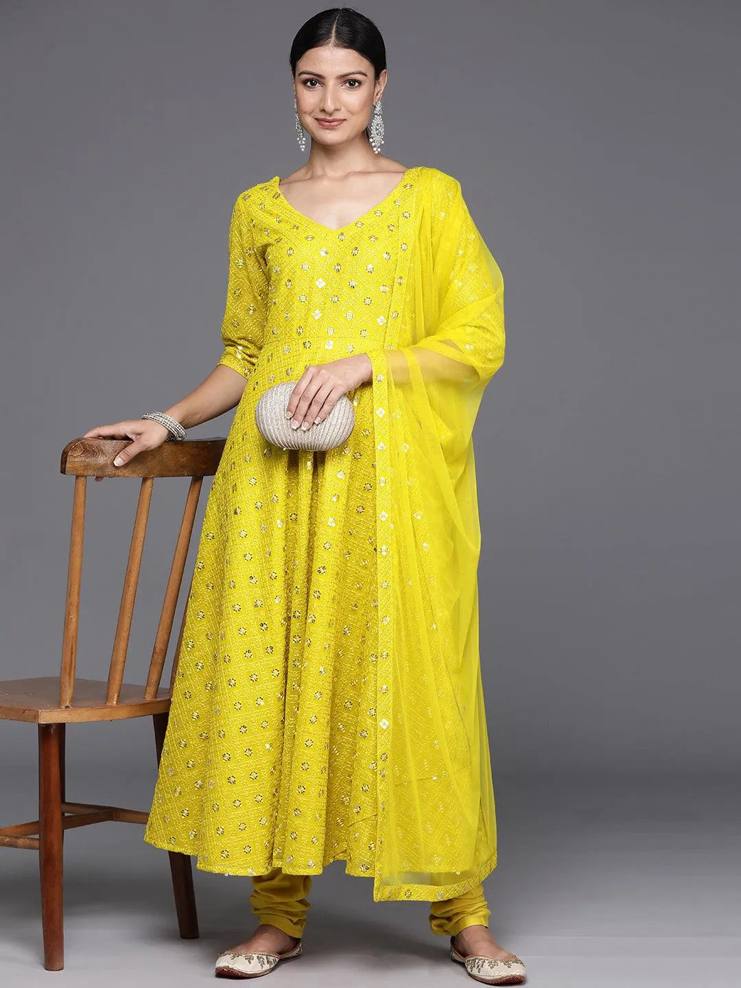 Mustard Embroidered Georgette Anarkali Kurta With Churidar & Dupatta - Libas 