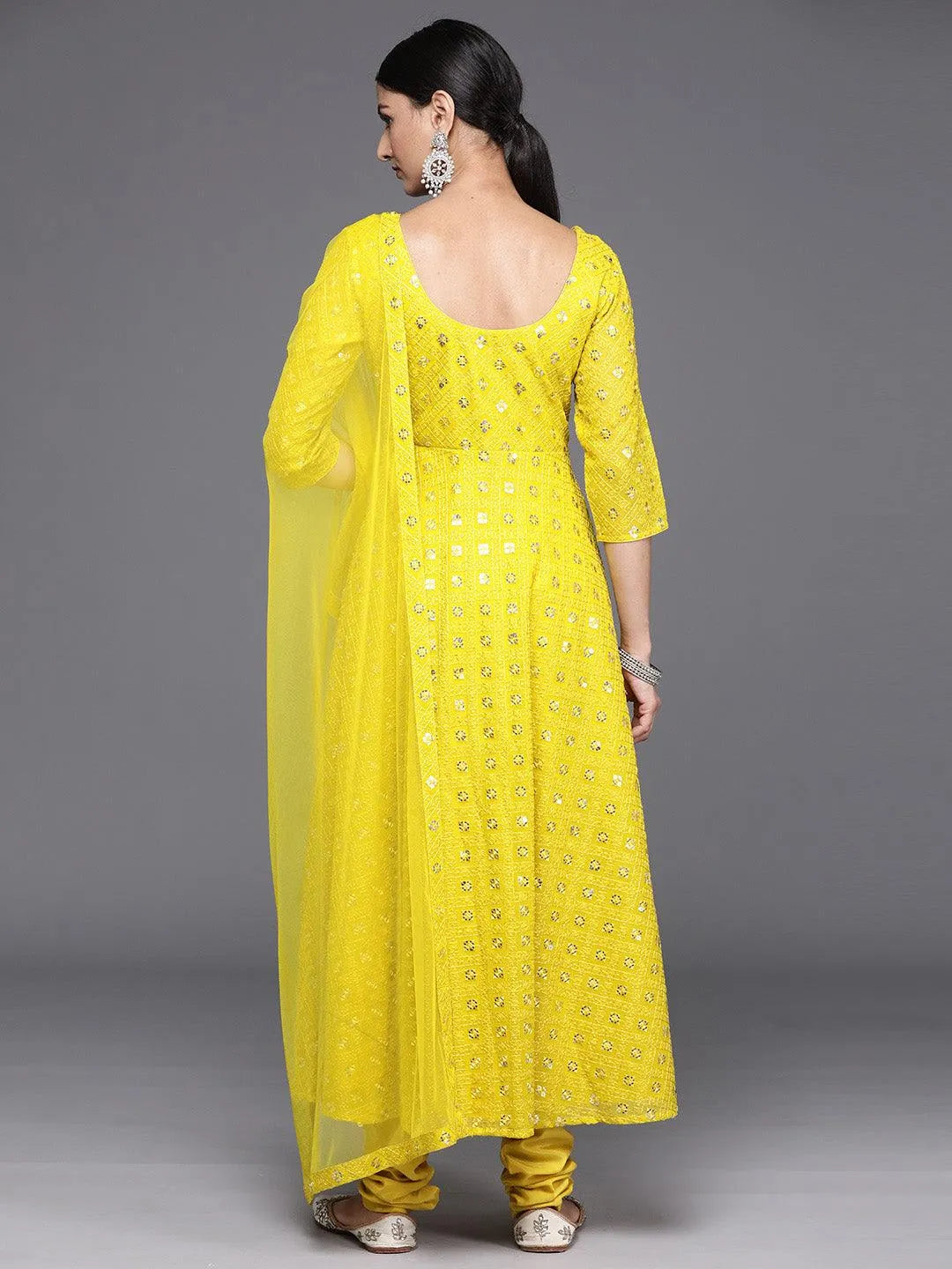 Mustard Embroidered Georgette Anarkali Kurta With Churidar & Dupatta - Libas 