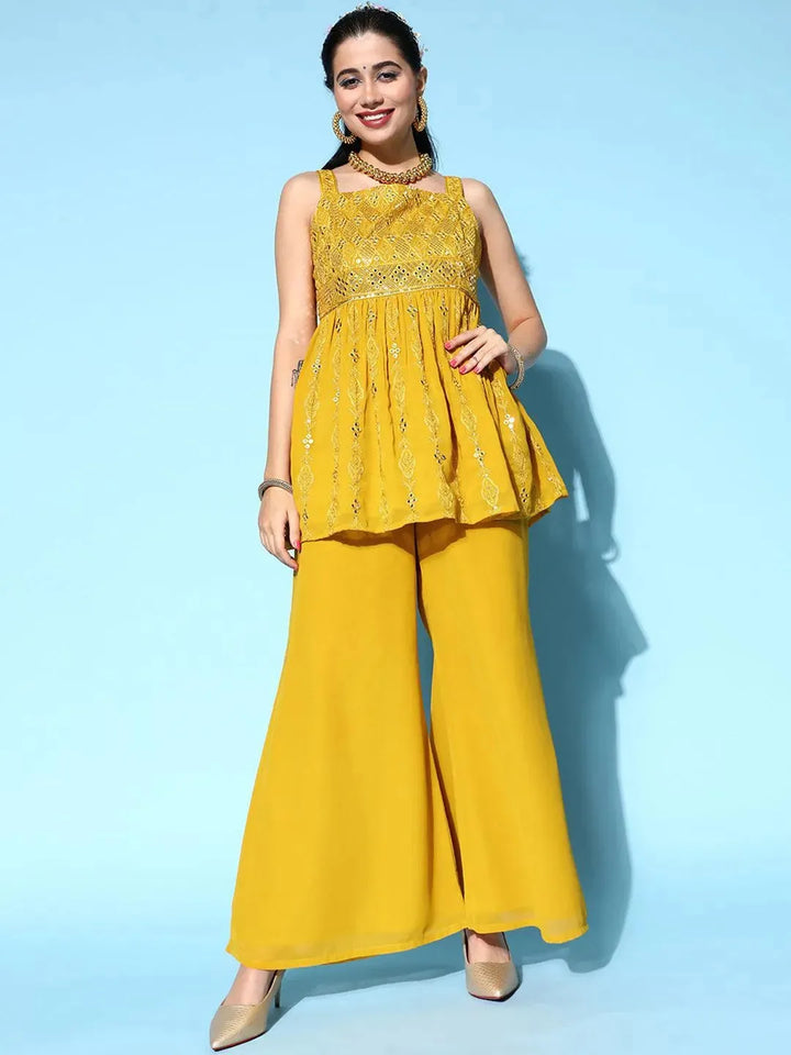 Mustard Embroidered Georgette Anarkali Suit Set - Libas