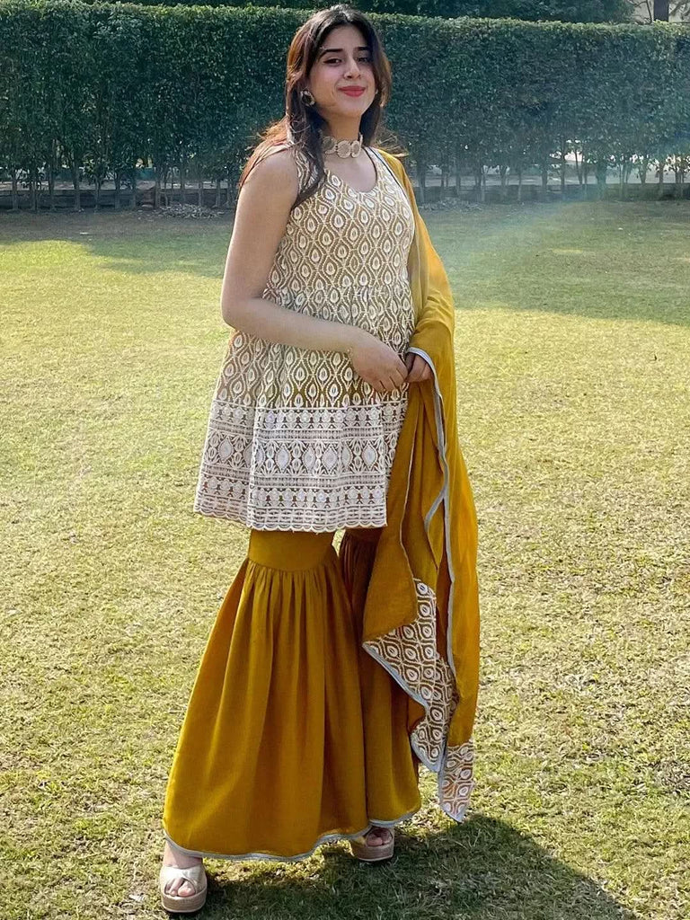 Libas Mustard Embroidered Georgette Anarkali Sharara Suit Set With Dupatta