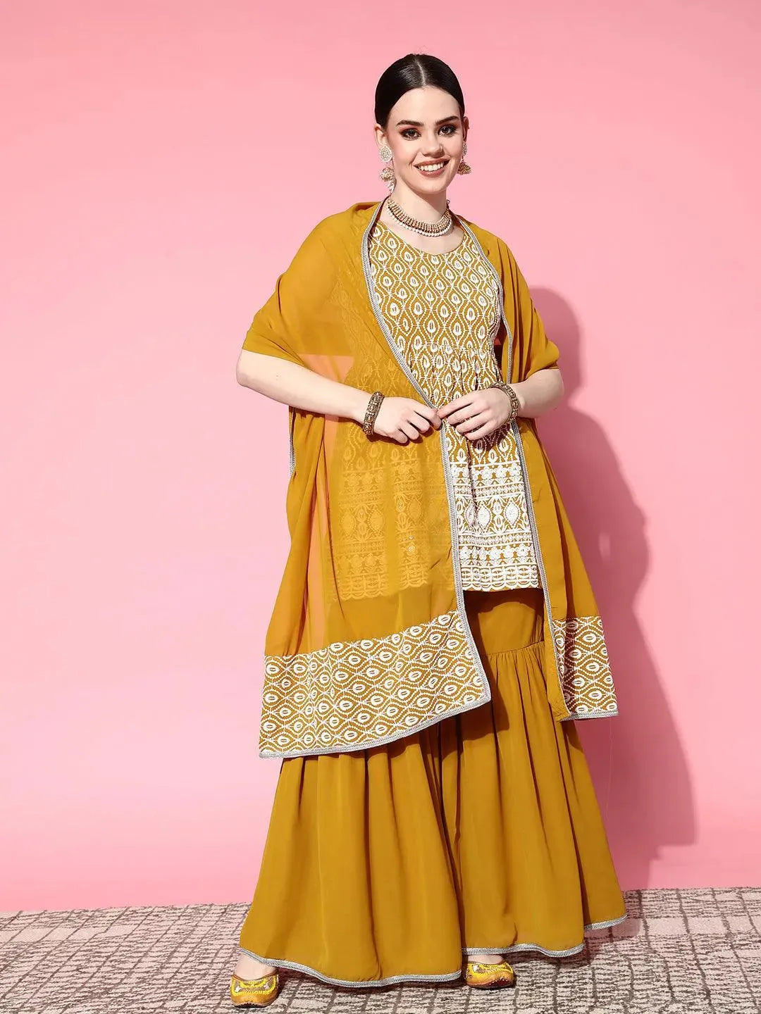 Mustard Embroidered Georgette Anarkali Sharara Suit Set - Libas 