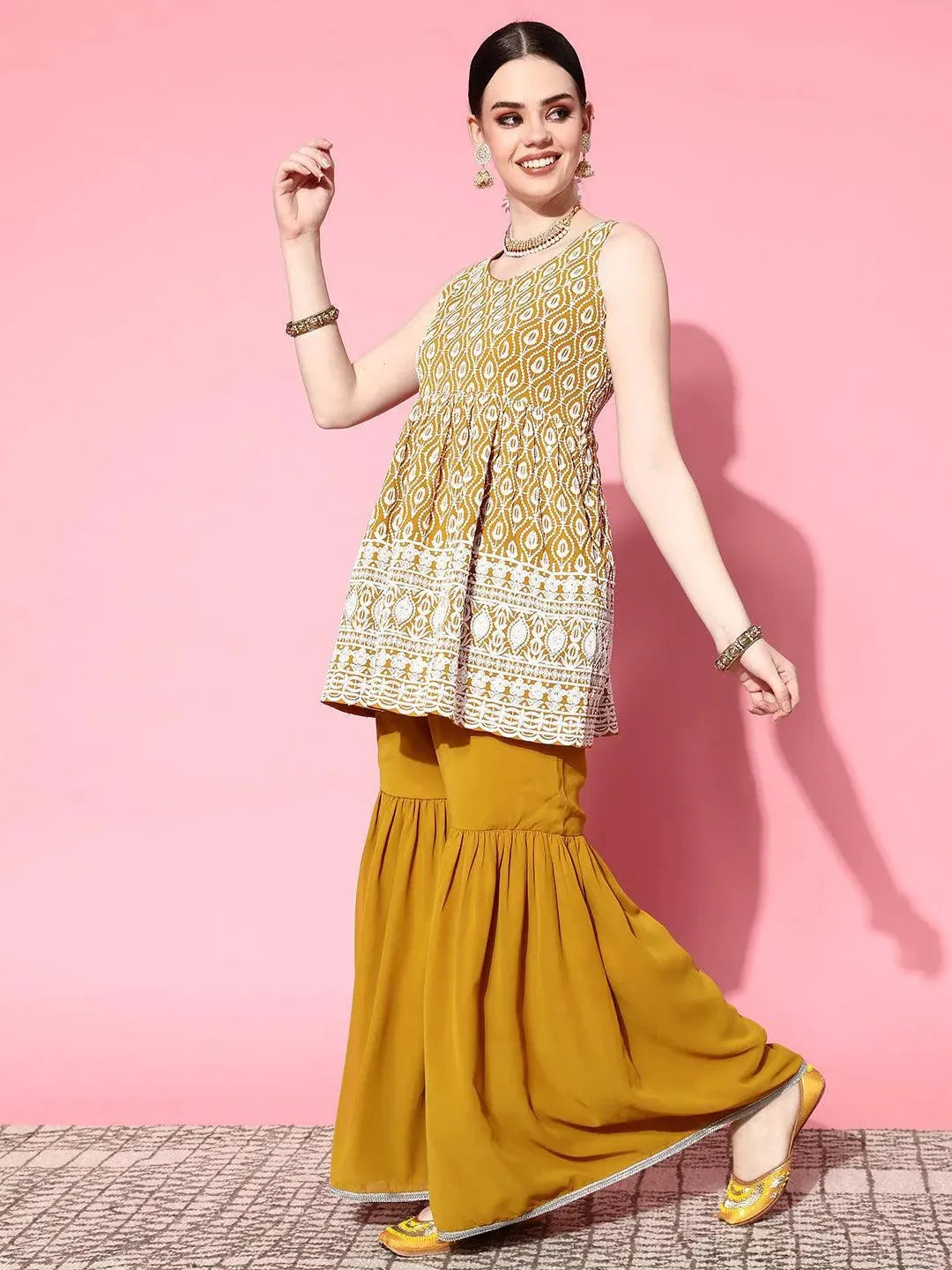 Mustard Embroidered Georgette Anarkali Sharara Suit Set - Libas 