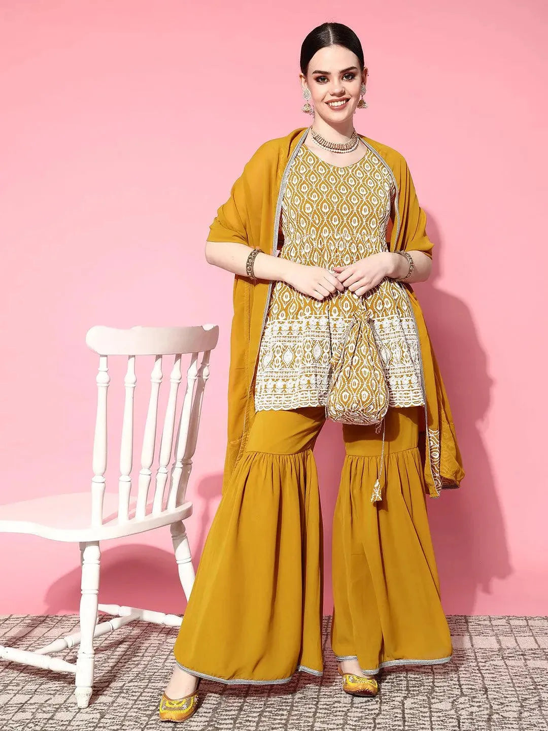 Mustard Embroidered Georgette Anarkali Sharara Suit Set - Libas 