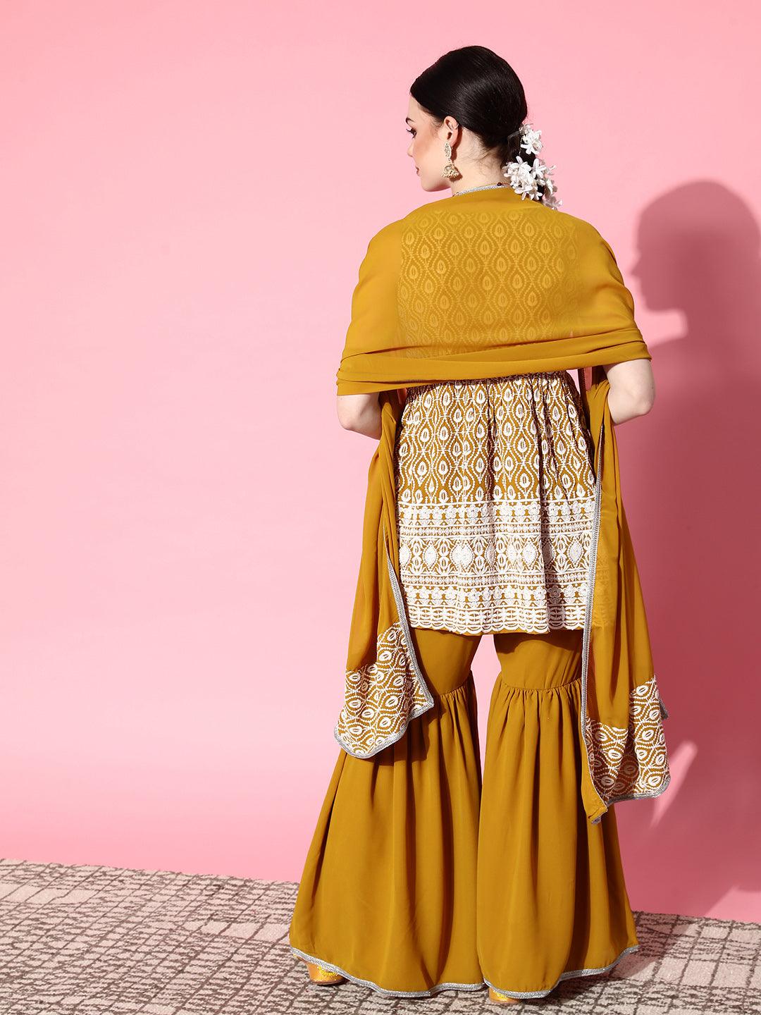 Mustard Embroidered Georgette Anarkali Sharara Suit Set - Libas