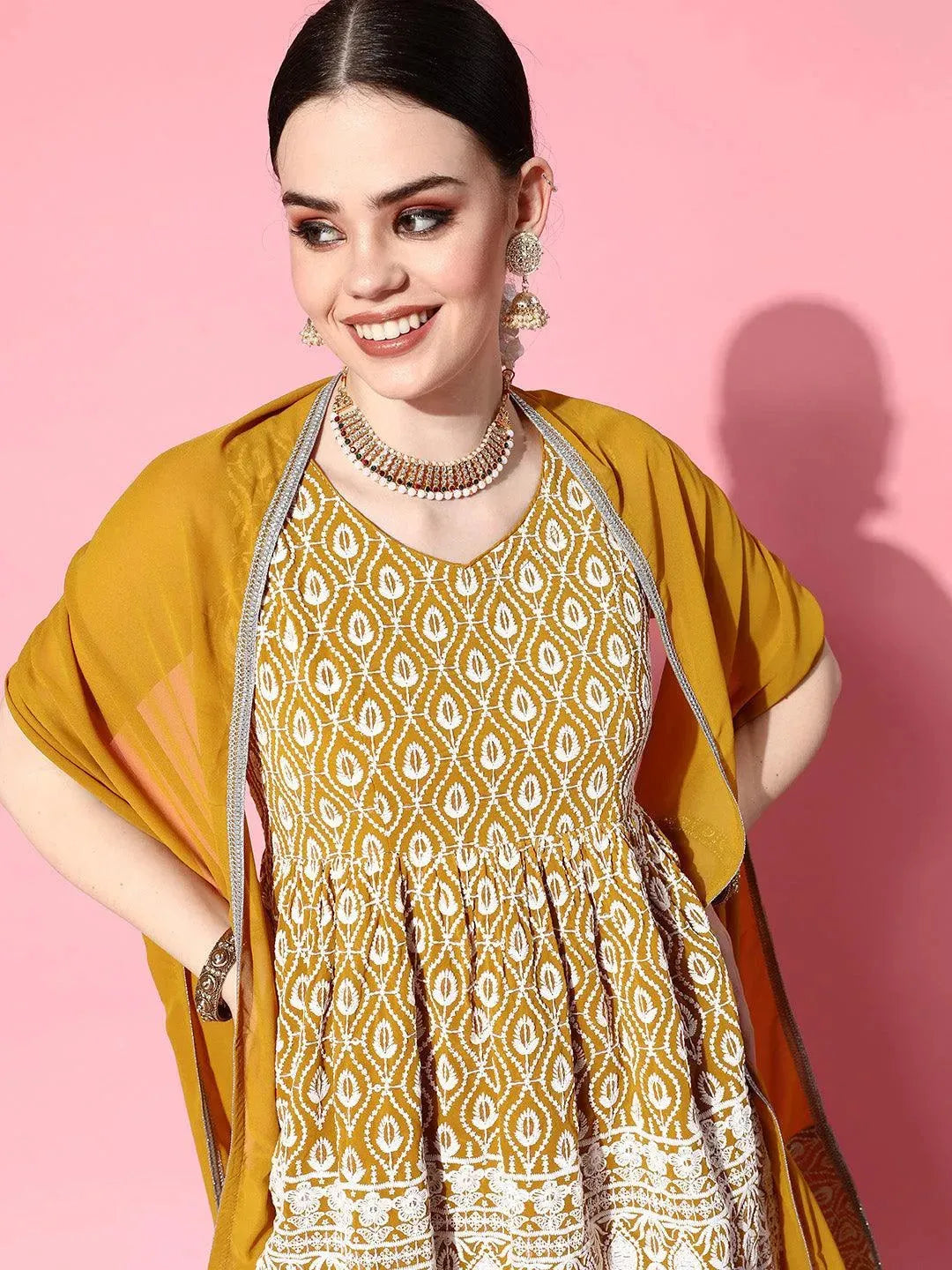 Mustard Embroidered Georgette Anarkali Sharara Suit Set - Libas 
