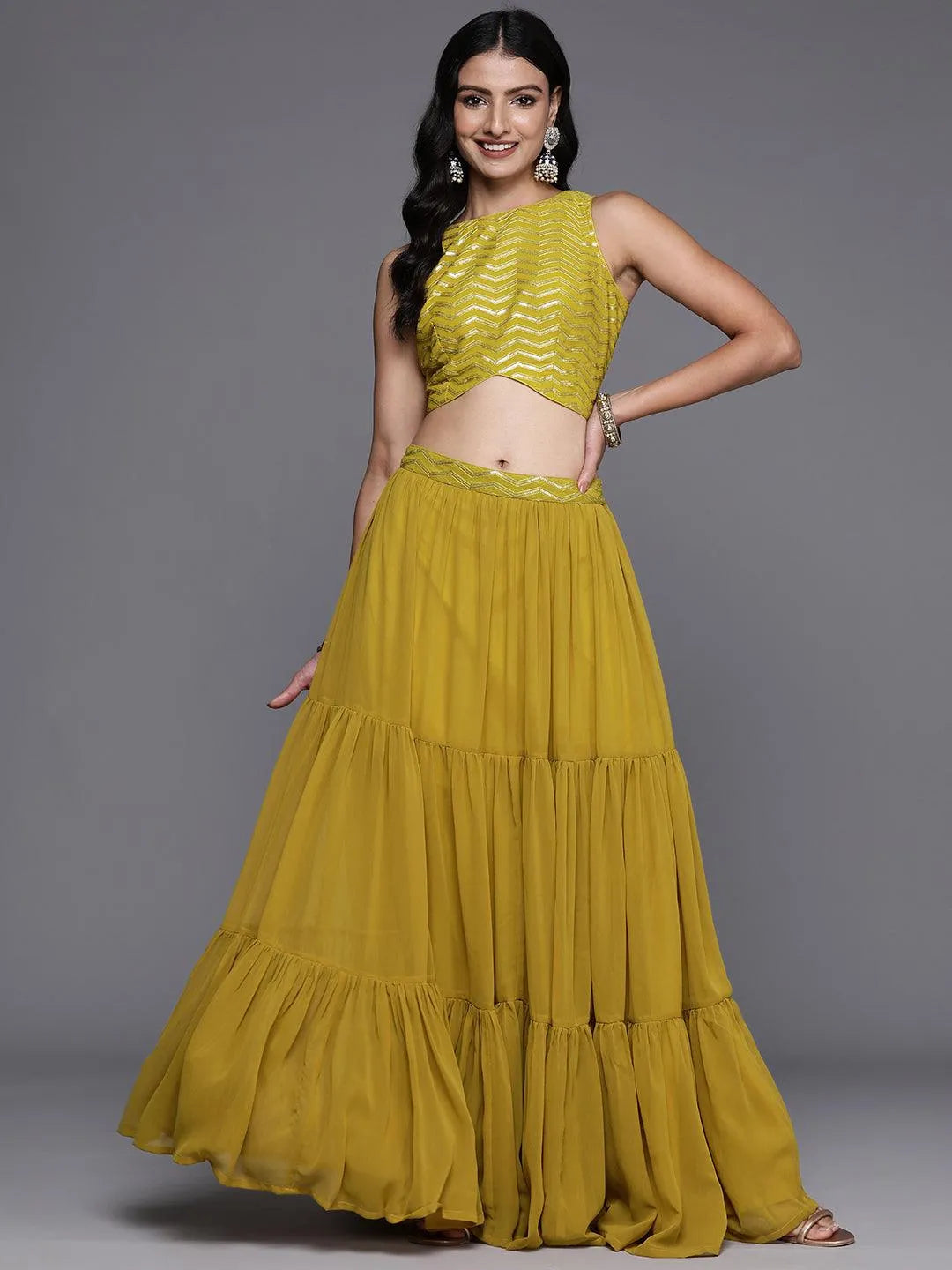 Mustard Embroidered Georgette Lehenga Set - Libas