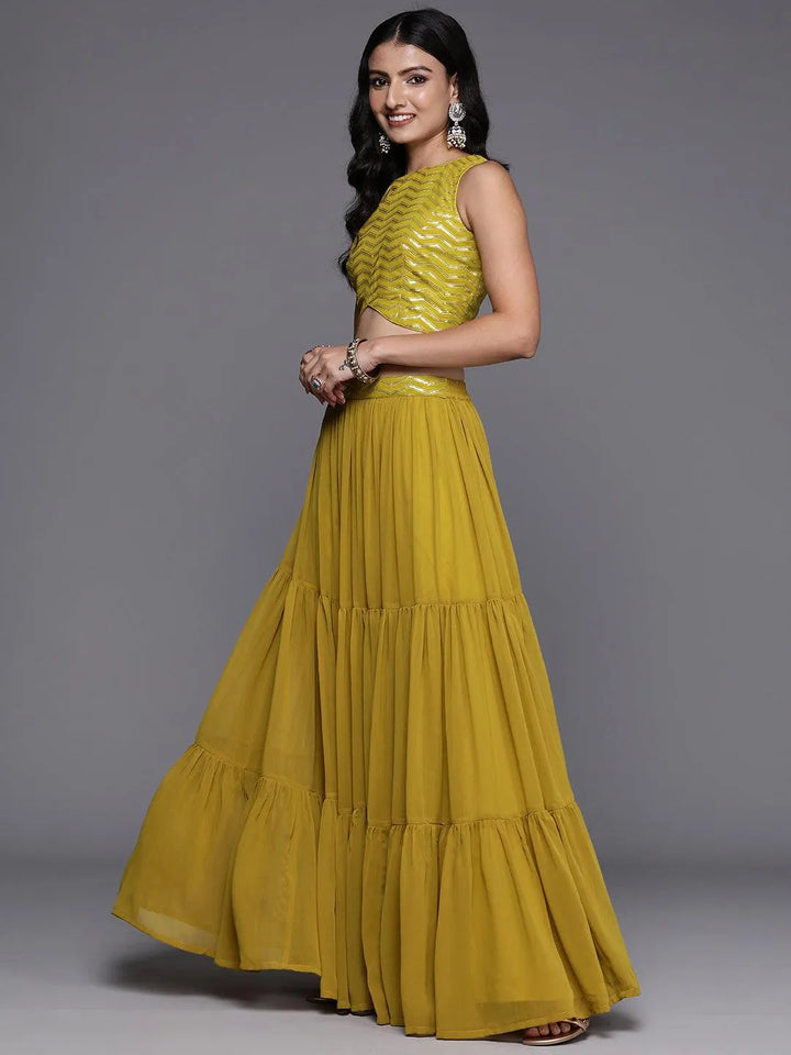 Mustard Embroidered Georgette Lehenga Set - Libas