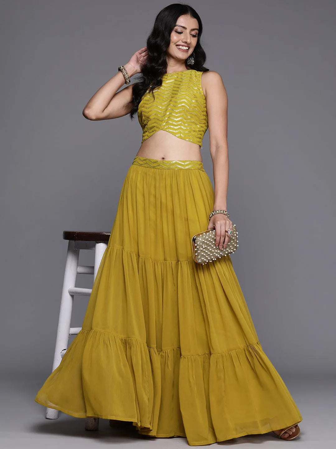 Mustard Embroidered Georgette Lehenga Set - Libas