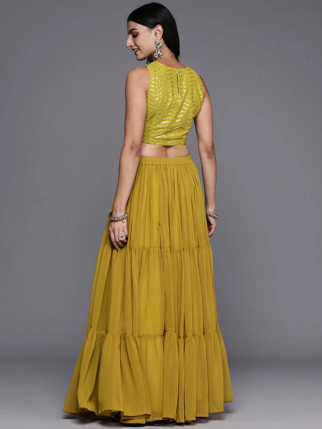 Mustard Embroidered Georgette Lehenga Set - Libas