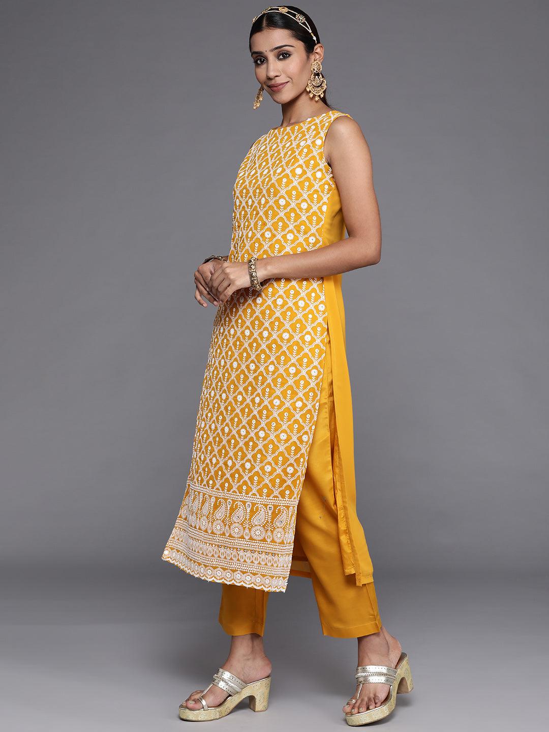 Mustard Embroidered Georgette Straight Suit Set With Trousers - Libas