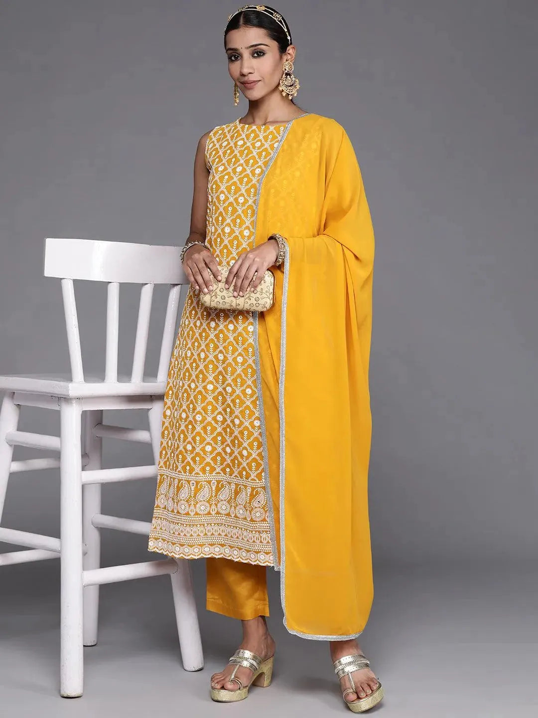 Mustard Embroidered Georgette Straight Suit Set With Trousers - Libas 