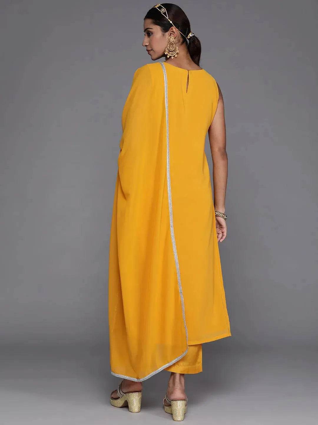 Mustard Embroidered Georgette Straight Suit Set With Trousers - Libas 