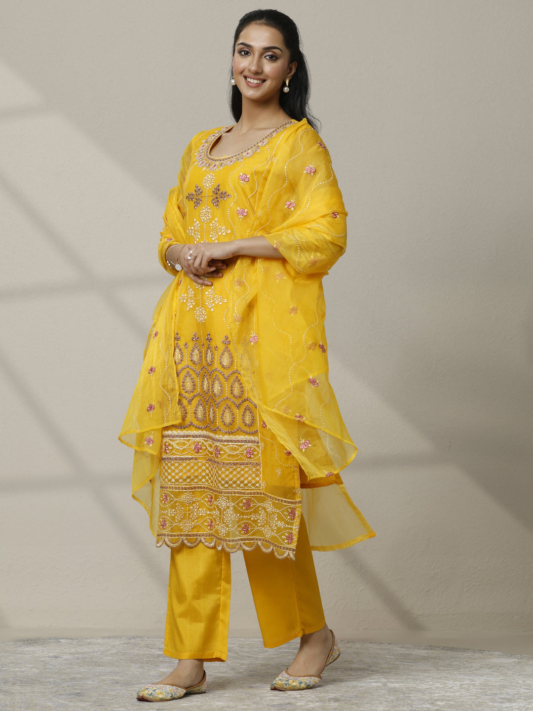 Mustard Embroidered Organza Straight Suit Set With Dupatta