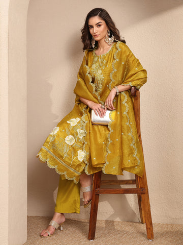 Mustard Embroidered Organza Straight Suit Set With Dupatta