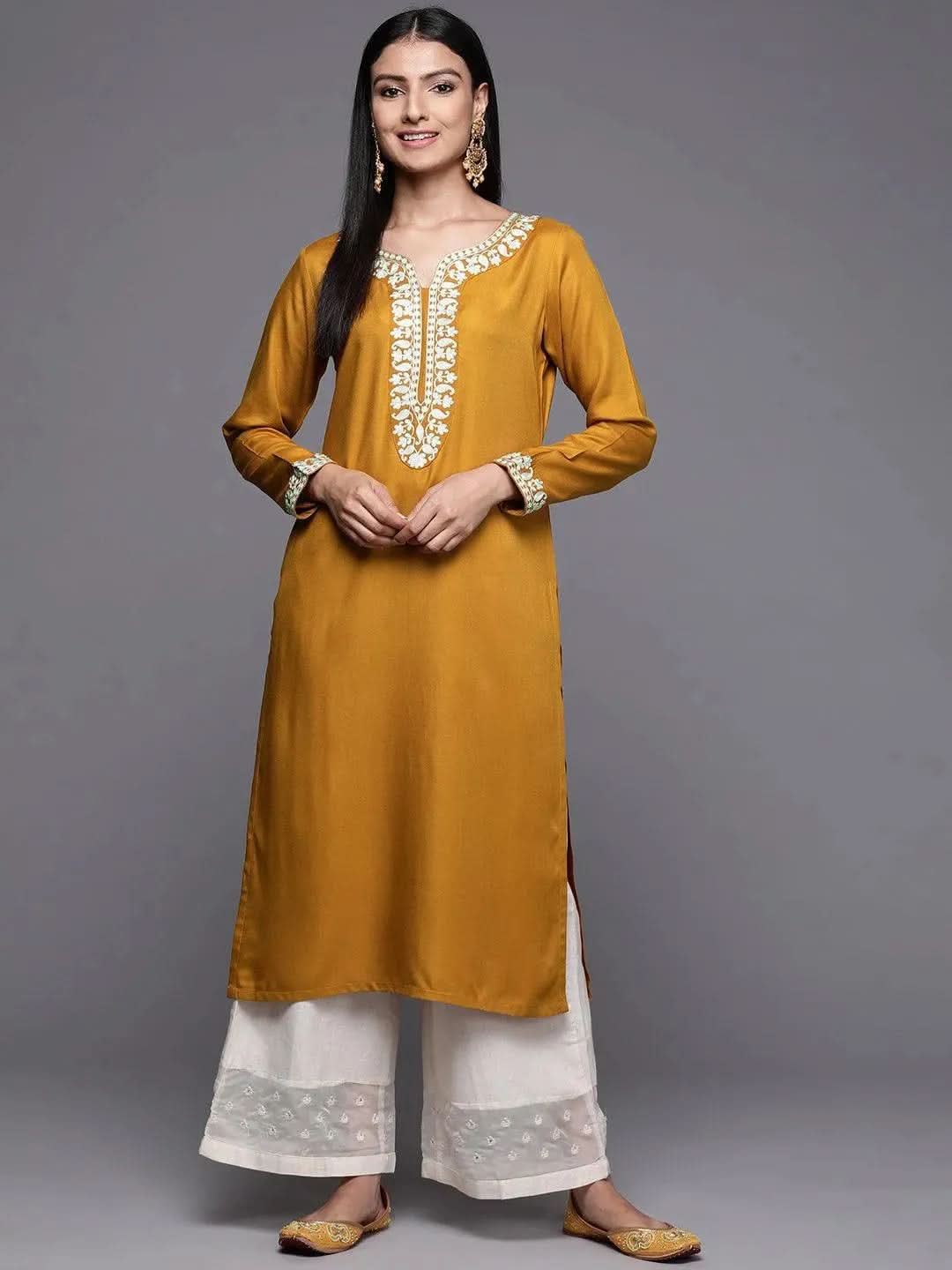 Mustard Embroidered Pashmina Wool Straight Kurta - Libas 