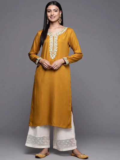 Mustard Embroidered Pashmina Wool Straight Kurta - Libas