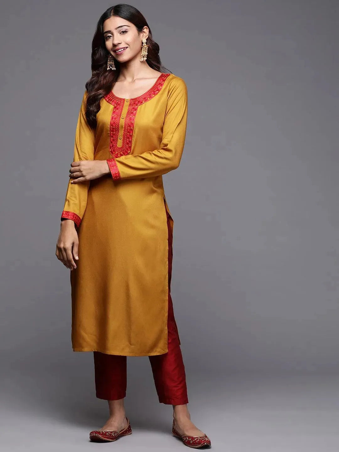 Mustard Embroidered Pashmina Wool Straight Kurta - Libas