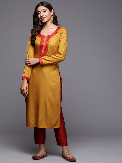 Mustard Embroidered Pashmina Wool Straight Kurta - Libas