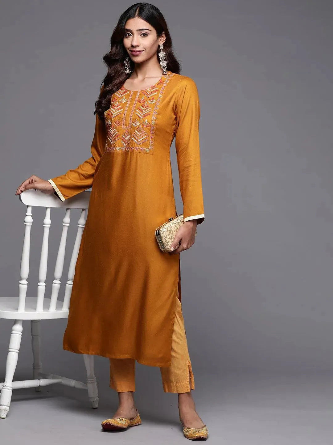 Mustard Embroidered Pashmina Wool Straight Kurta - Libas