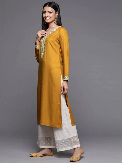 Mustard Embroidered Pashmina Wool Straight Kurta - Libas