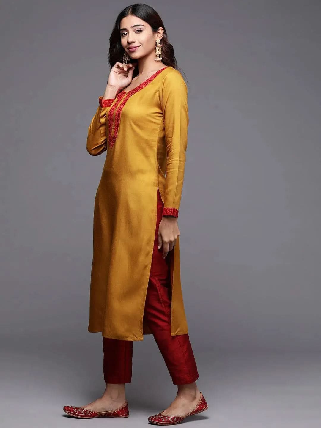 

Mustard Embroidered Pashmina Wool Straight Kurta