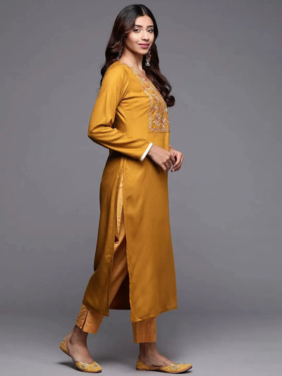 Mustard Embroidered Pashmina Wool Straight Kurta - Libas