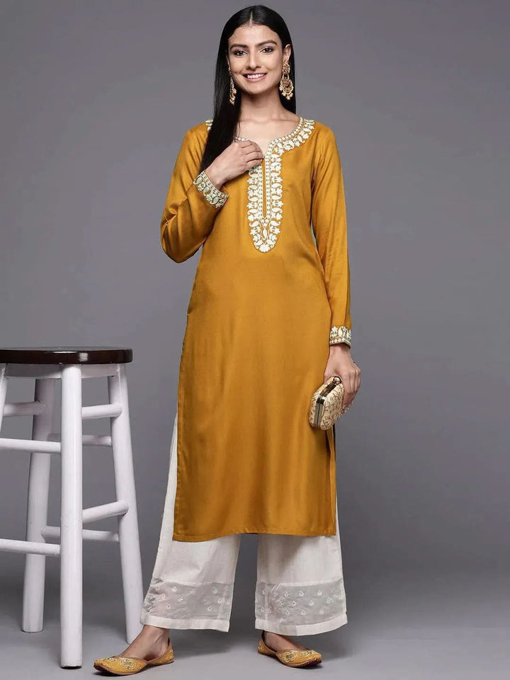 Mustard Embroidered Pashmina Wool Straight Kurta - Libas