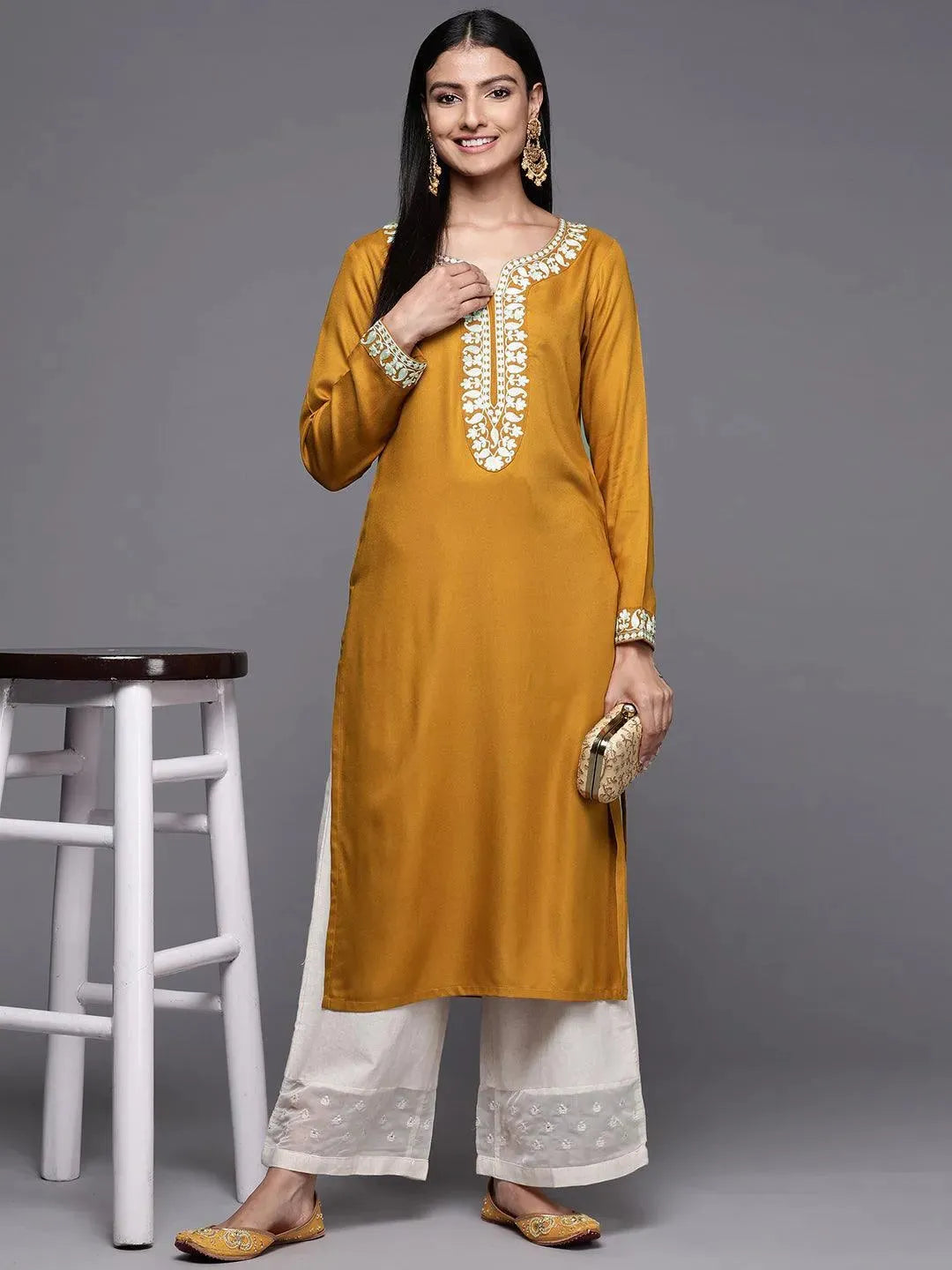 Mustard Embroidered Pashmina Wool Straight Kurta - Libas