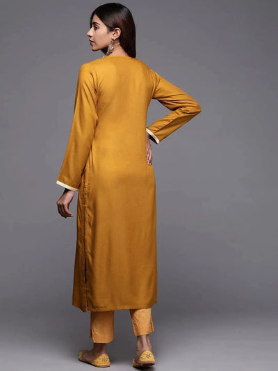 Mustard Embroidered Pashmina Wool Straight Kurta - Libas