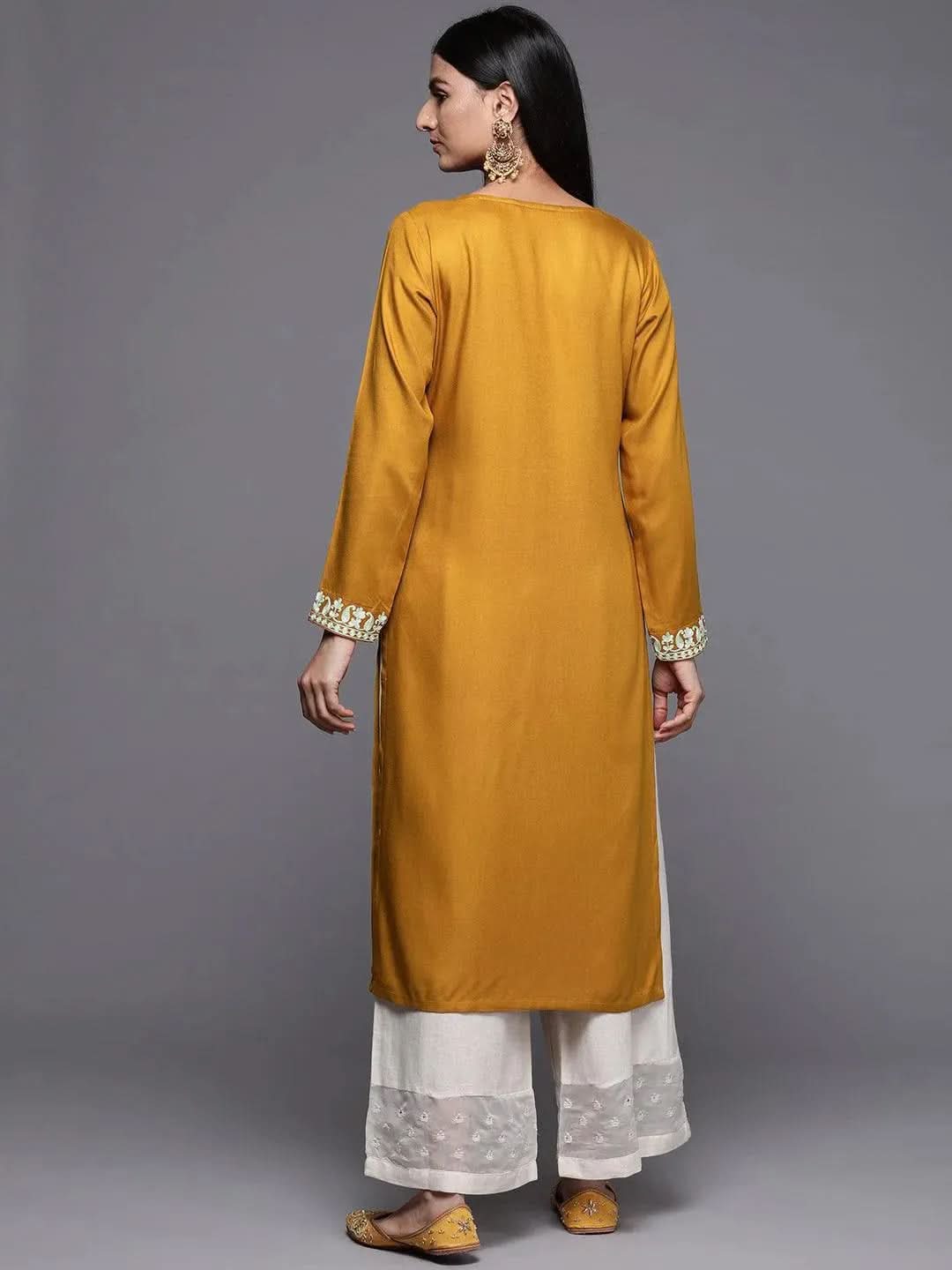 

Mustard Embroidered Pashmina Wool Straight Kurta