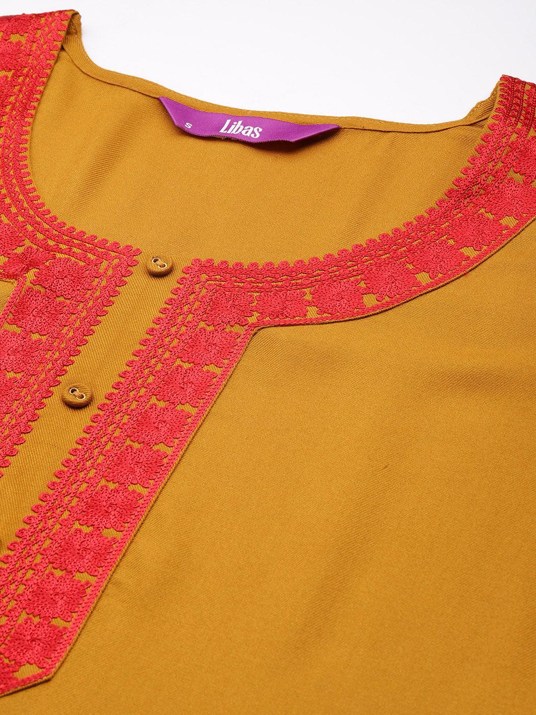 Mustard Embroidered Pashmina Wool Straight Kurta