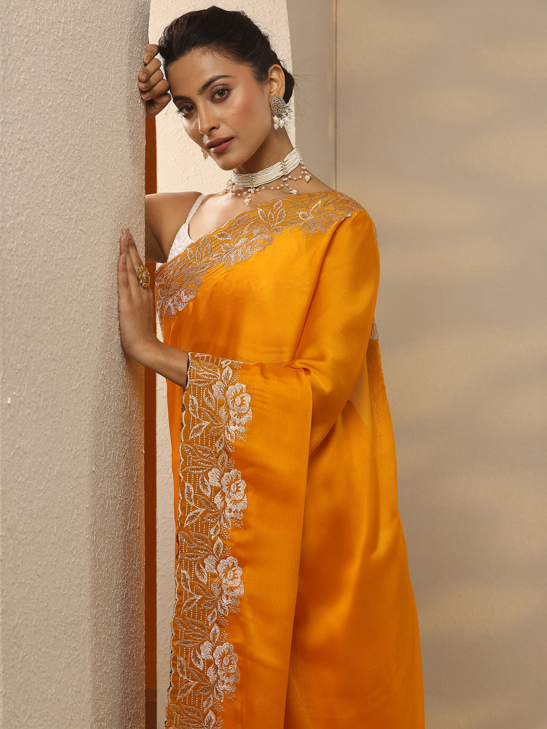 Mustard Embroidered Pure Chiffon Saree With Unstitched Blouse Piece