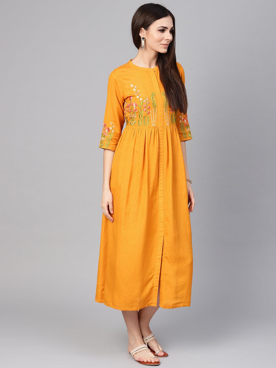 Mustard Embroidered Rayon Dress - Libas
