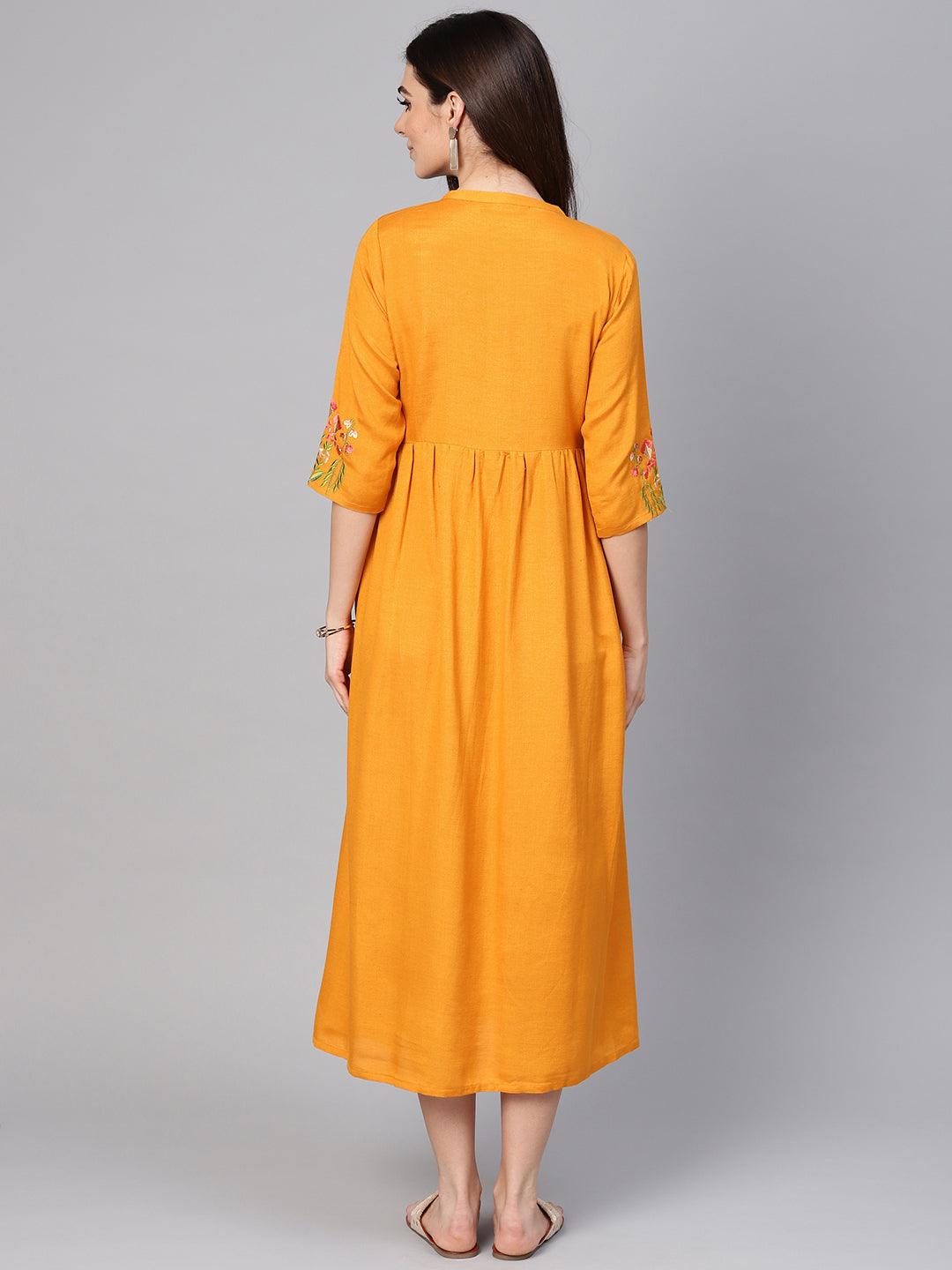 Mustard Embroidered Rayon Dress
