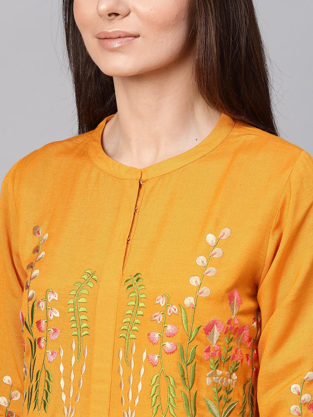 Mustard Embroidered Rayon Dress - Libas