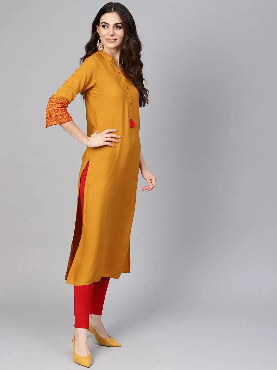 Mustard Embroidered Rayon Kurta - Libas