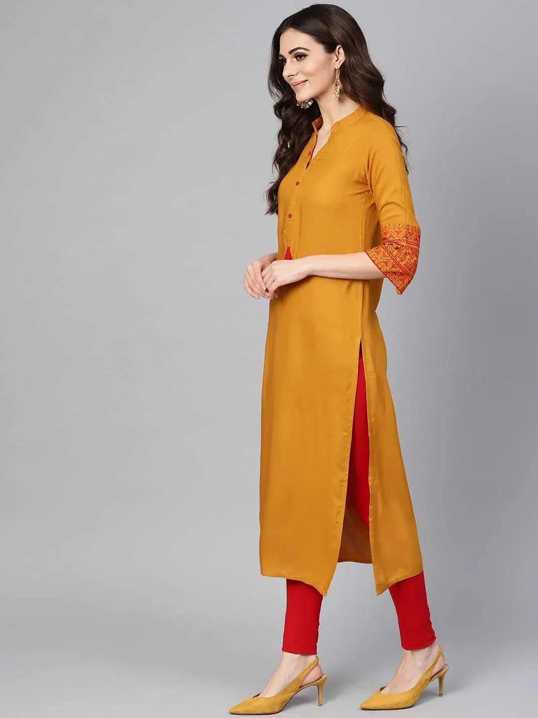 Mustard Embroidered Rayon Kurta - Libas 