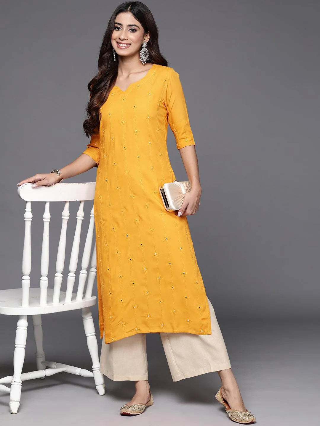 Mustard Embroidered Rayon Straight Kurta - Libas 