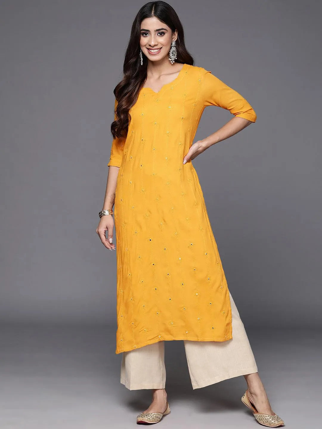Mustard Embroidered Rayon Straight Kurta - Libas 