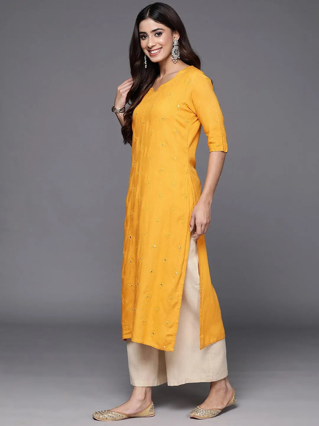 Mustard Embroidered Rayon Straight Kurta - Libas 
