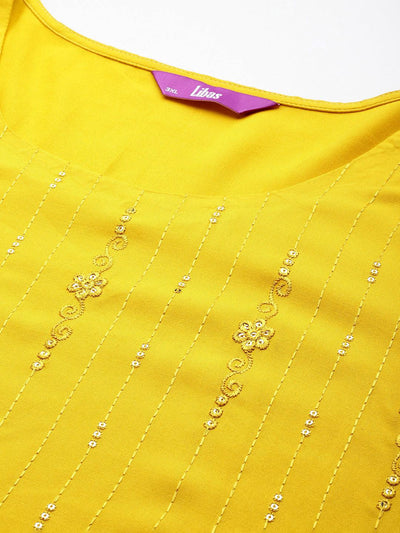 Mustard Embroidered Rayon Straight Kurta - Libas