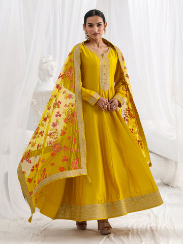 Mustard Embroidered Silk A-Line Gown With Dupatta